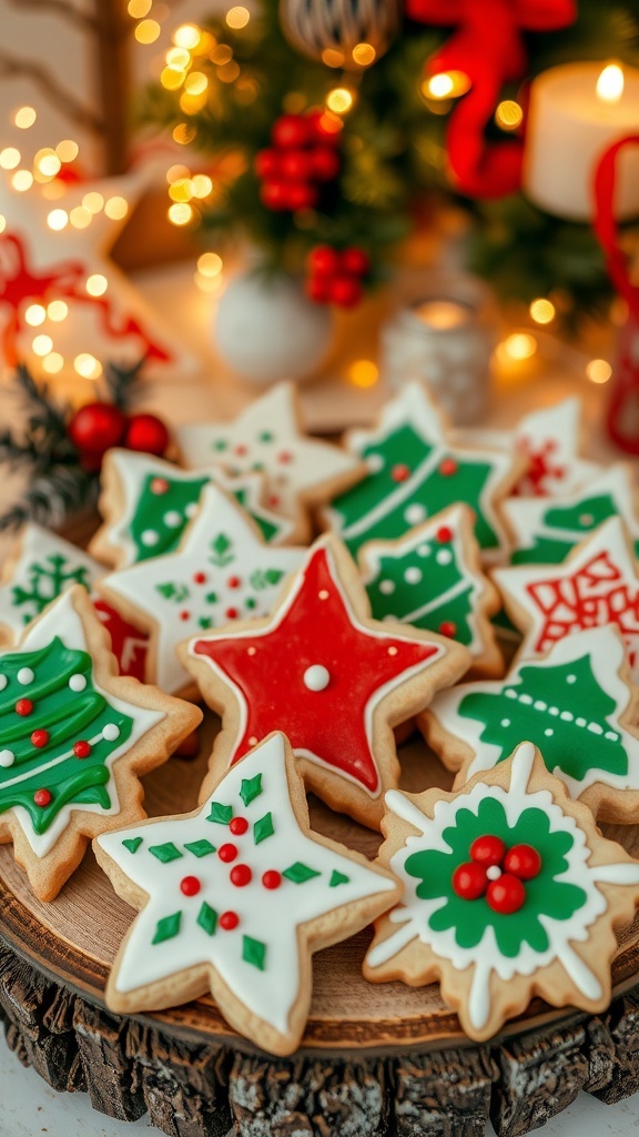 Decorated Christmas sugar cookies in festive shapes on a wooden platter with holiday lights.
